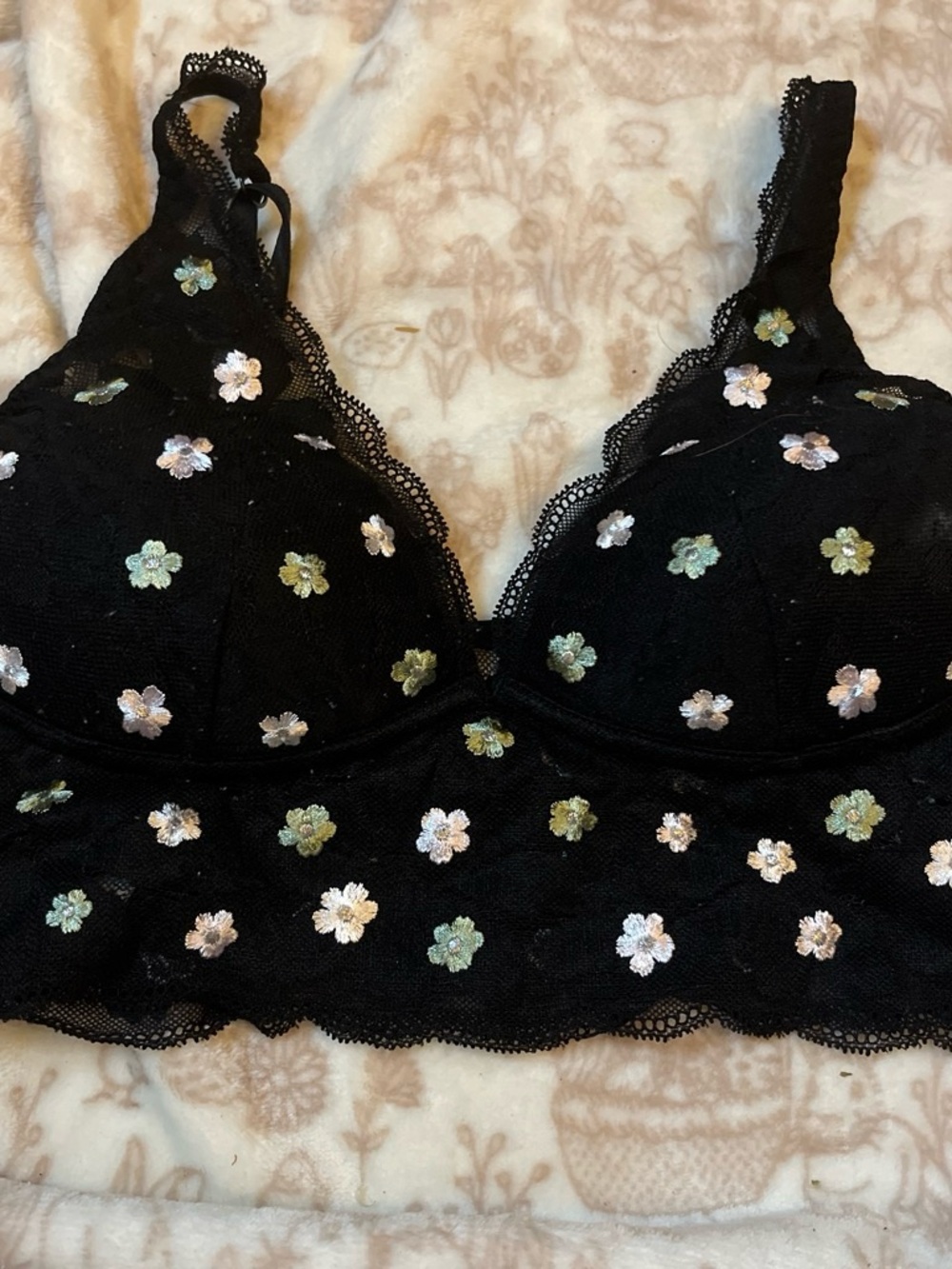 PINK Victoria's Secret Black Lace Bralette with Pastel Floral Embroidery